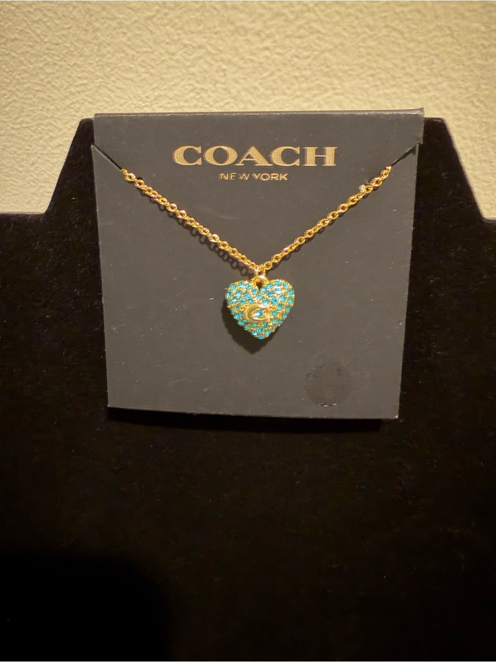 COACH Gold Chain Heart Pendant Necklace with Turquoise Crystals